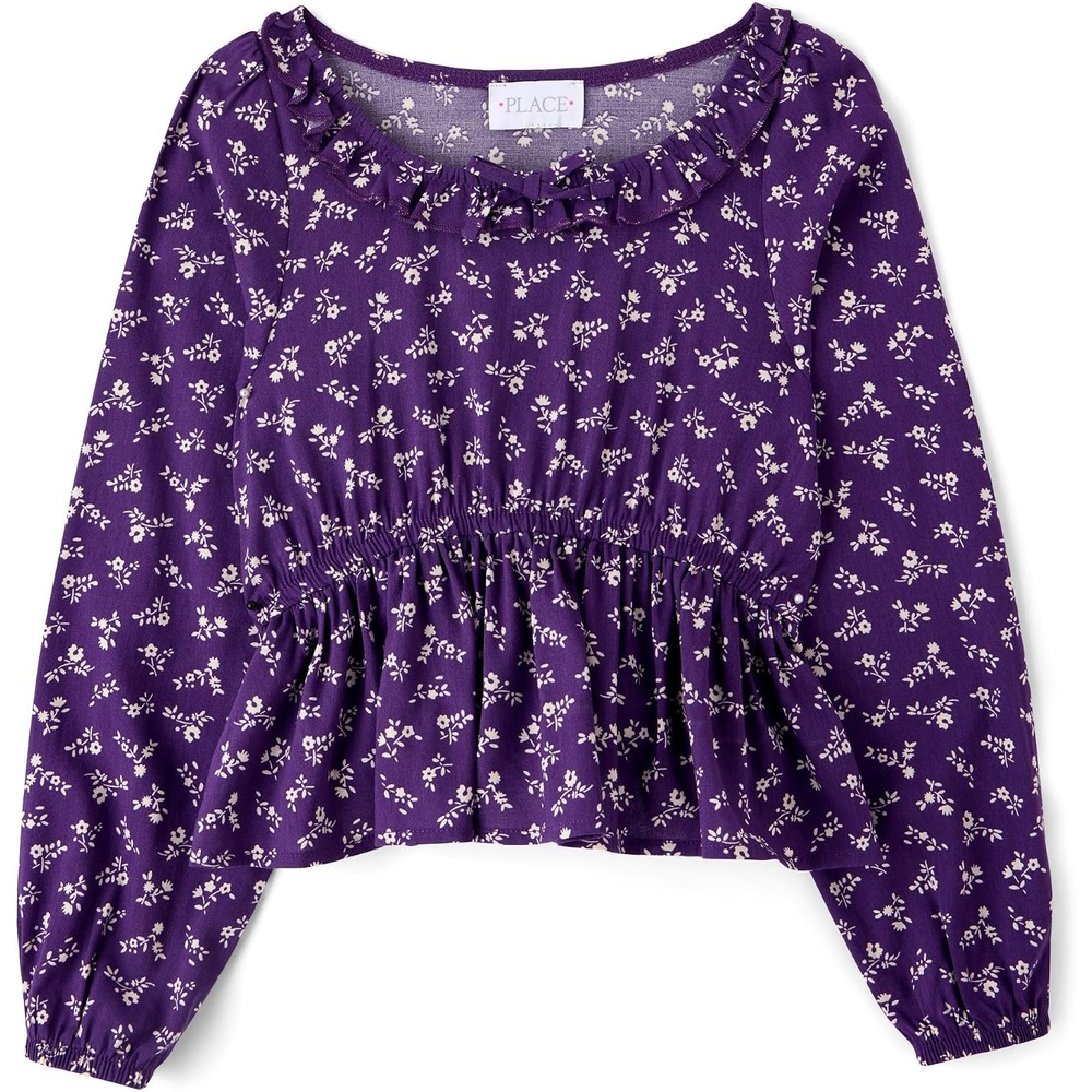 image:imageThe Childrens Place Girls Long Sleeve Ruffle TopIris Ink Floral