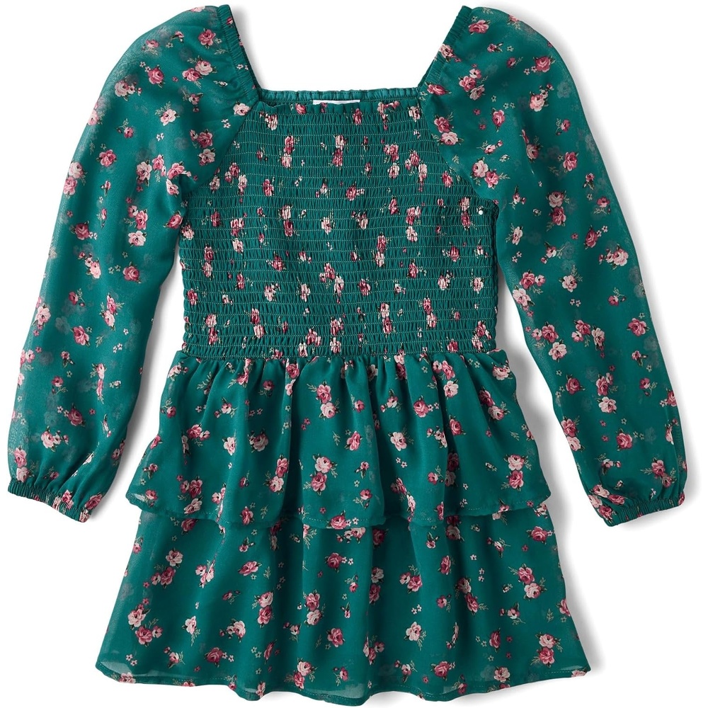 image:imageThe Childrens Place Girls and Toddler Long Sleeve Chiffon DressesJaded Teal Floral