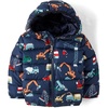 The Children’s Place Baby Boys’ And Toddler Boys’ Medium Weight Wind-resistant, Water-resistant Puffer Jacket(Navy Construction Trucks)