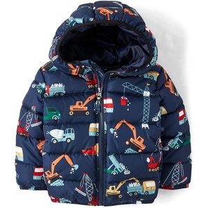The Children’s Place Baby Boys’ And Toddler Boys’ Medium Weight Wind-resistant, Water-resistant Puffer Jacket(Navy Construction Trucks)