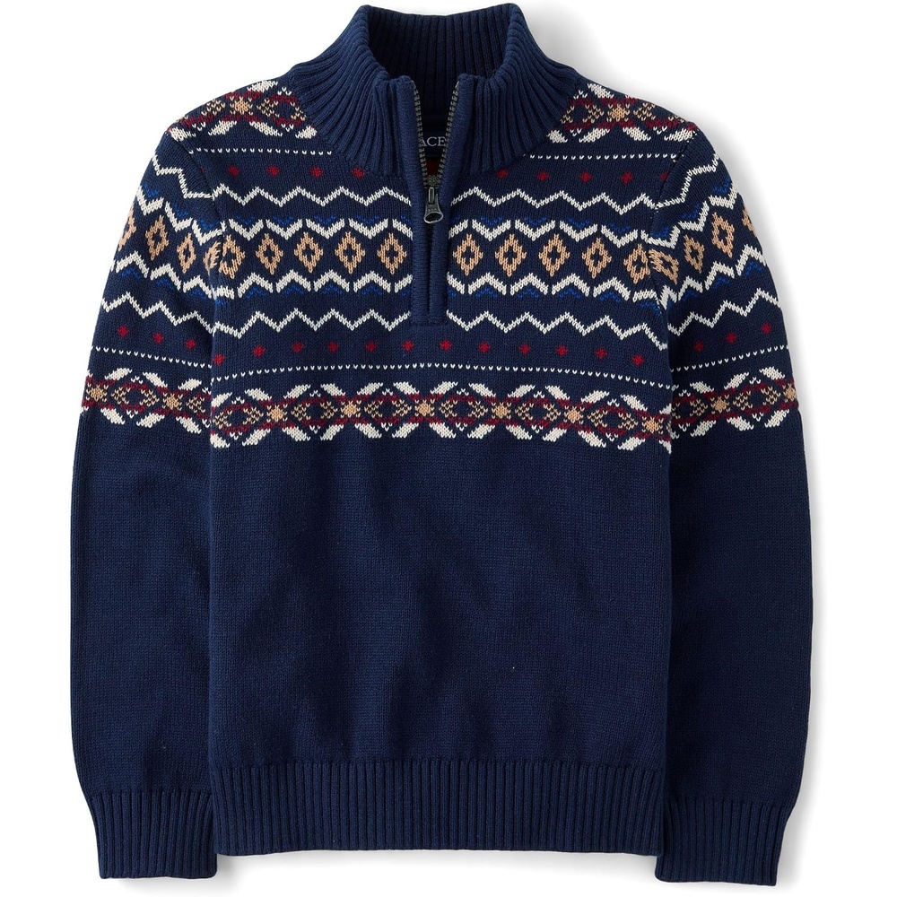 image:imageThe Childrens PlaceBoysLong Sleeve Quarter Zip Pullover SweaterTidal FairisleSmall