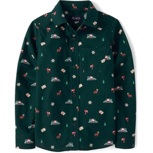 The Children’s Place Boys’ Long Sleeve Button Down Shirts(Festive Green)