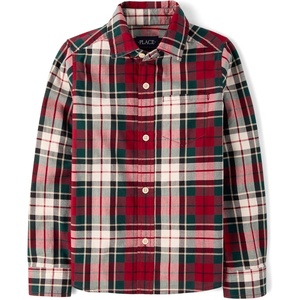The Children’s Place Boys’ Long Sleeve Button Down Shirts(Ivory Plaid)