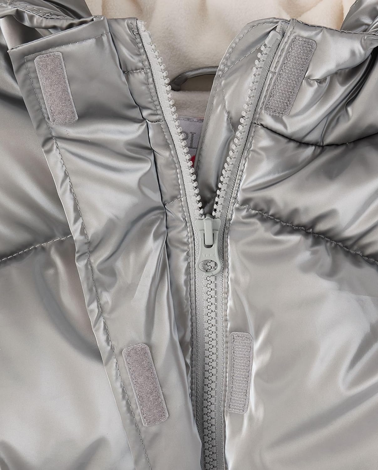 image:imageThe Childrens Place Girls Water and Wind Resistant Hooded Zip Front Puffer Jacket Microfleece LinedMetallic Silver