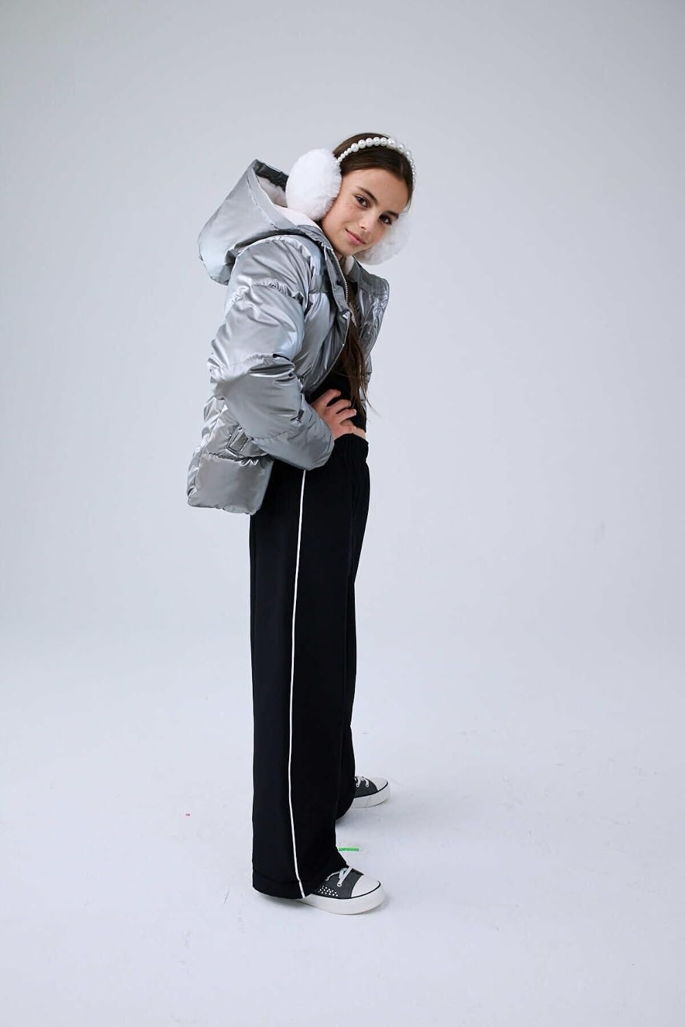 image:imageThe Childrens Place Girls Water and Wind Resistant Hooded Zip Front Puffer Jacket Microfleece LinedMetallic Silver
