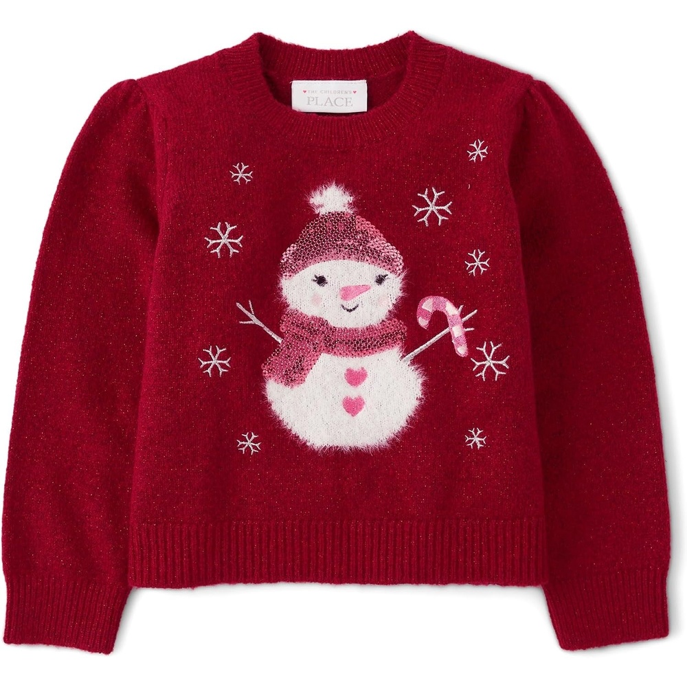 image:imageThe Childrens Place Baby Girls and Toddler Long Sleeve Crew Neck Pullover SweaterRed Snowman