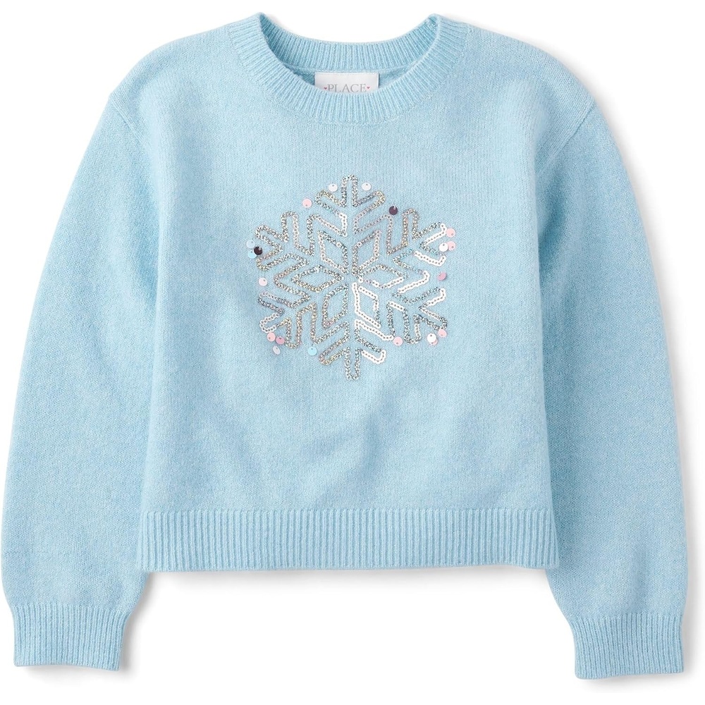 image:imageThe Childrens Place Girls Long Sleeve Crew Neck Pullover Sequin SweaterIce Snowflake