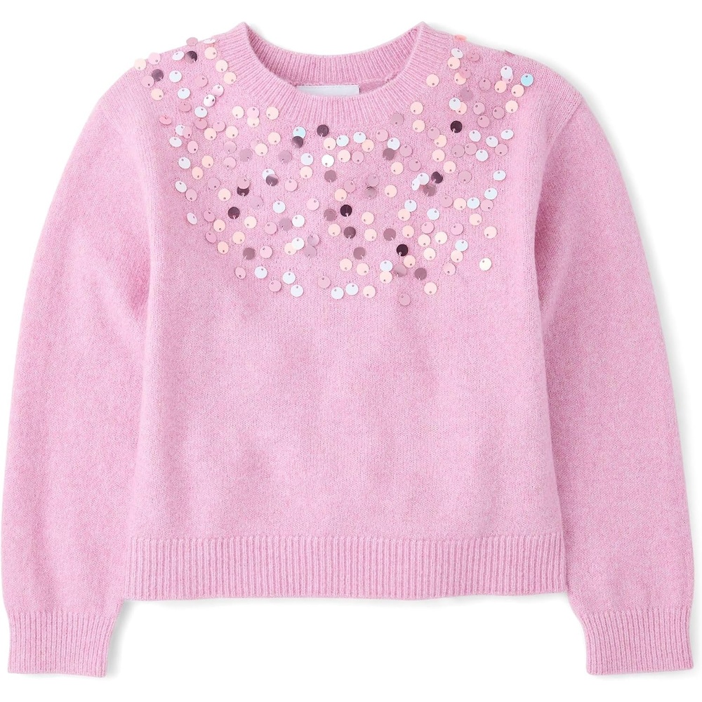 image:imageThe Childrens Place Girls Long Sleeve Crew Neck Pullover Sequin SweaterLace Pink