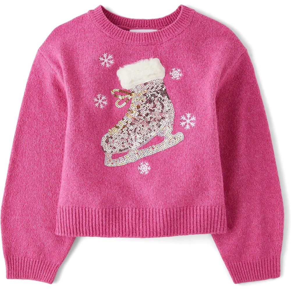image:imageThe Childrens Place Girls Long Sleeve Crew Neck Pullover Sequin SweaterPink Ice Skate
