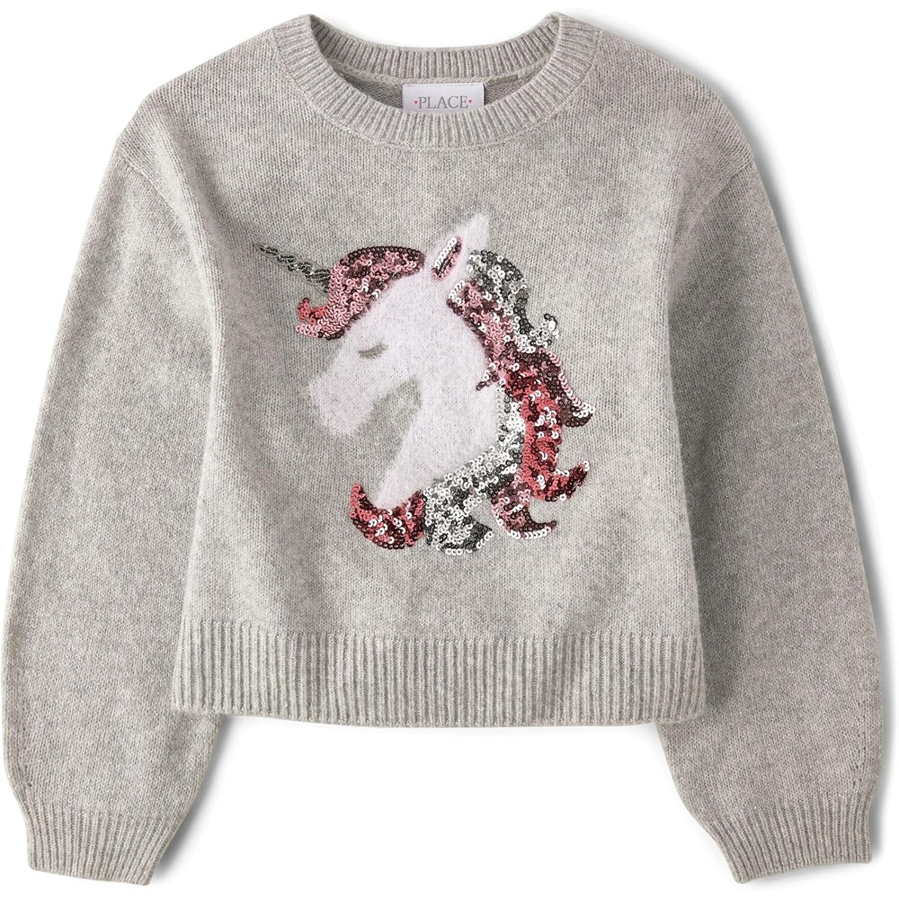 image:imageThe Childrens Place Girls Long Sleeve Crew Neck Pullover Sequin SweaterUnicorn
