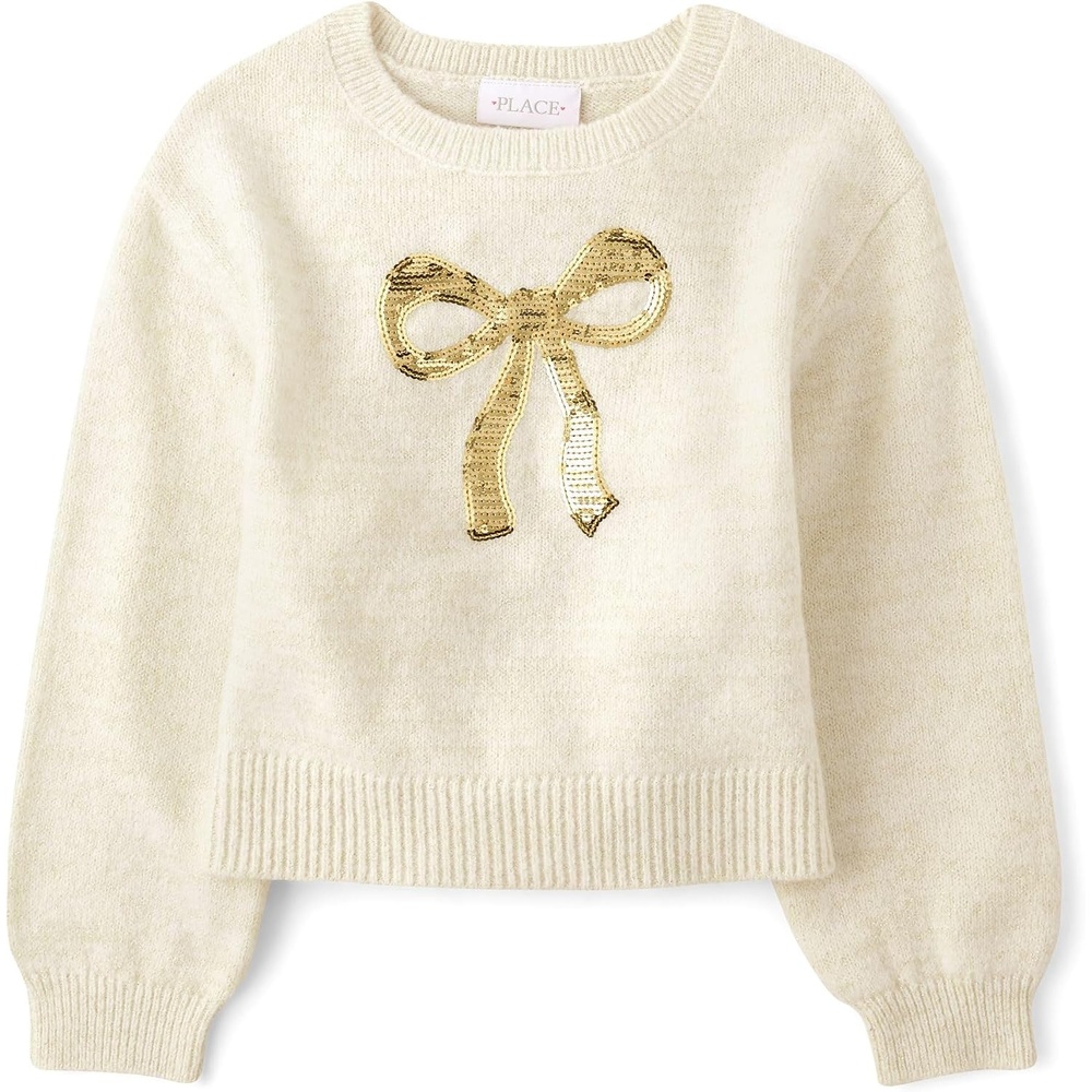 image:imageThe Childrens Place Girls Long Sleeve Crew Neck Pullover Sequin SweaterWhite Ribbon