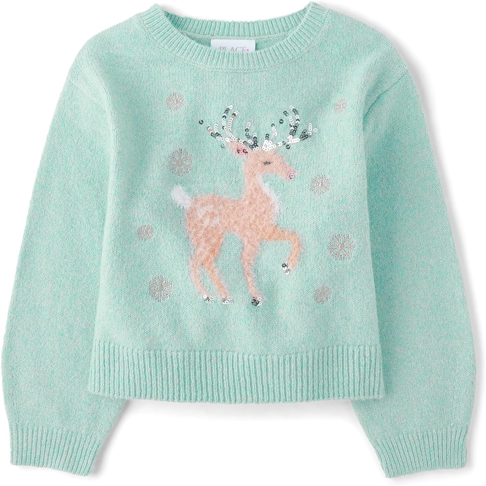 image:imageThe Childrens Place Girls Long Sleeve Crew Neck Pullover Sequin SweaterWintermint Reindeer