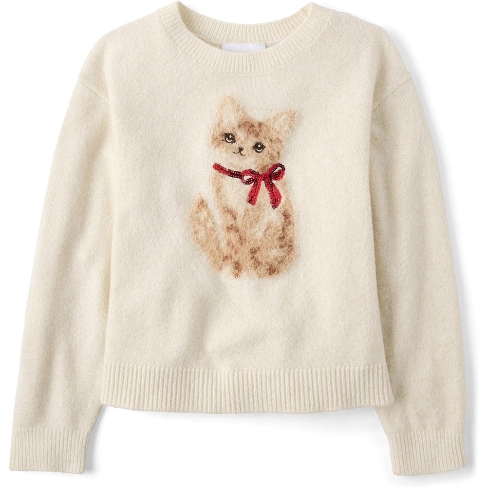 image:imageThe Childrens Place Girls Long Sleeve Crew Neck Pullover SweaterIvory Kitten