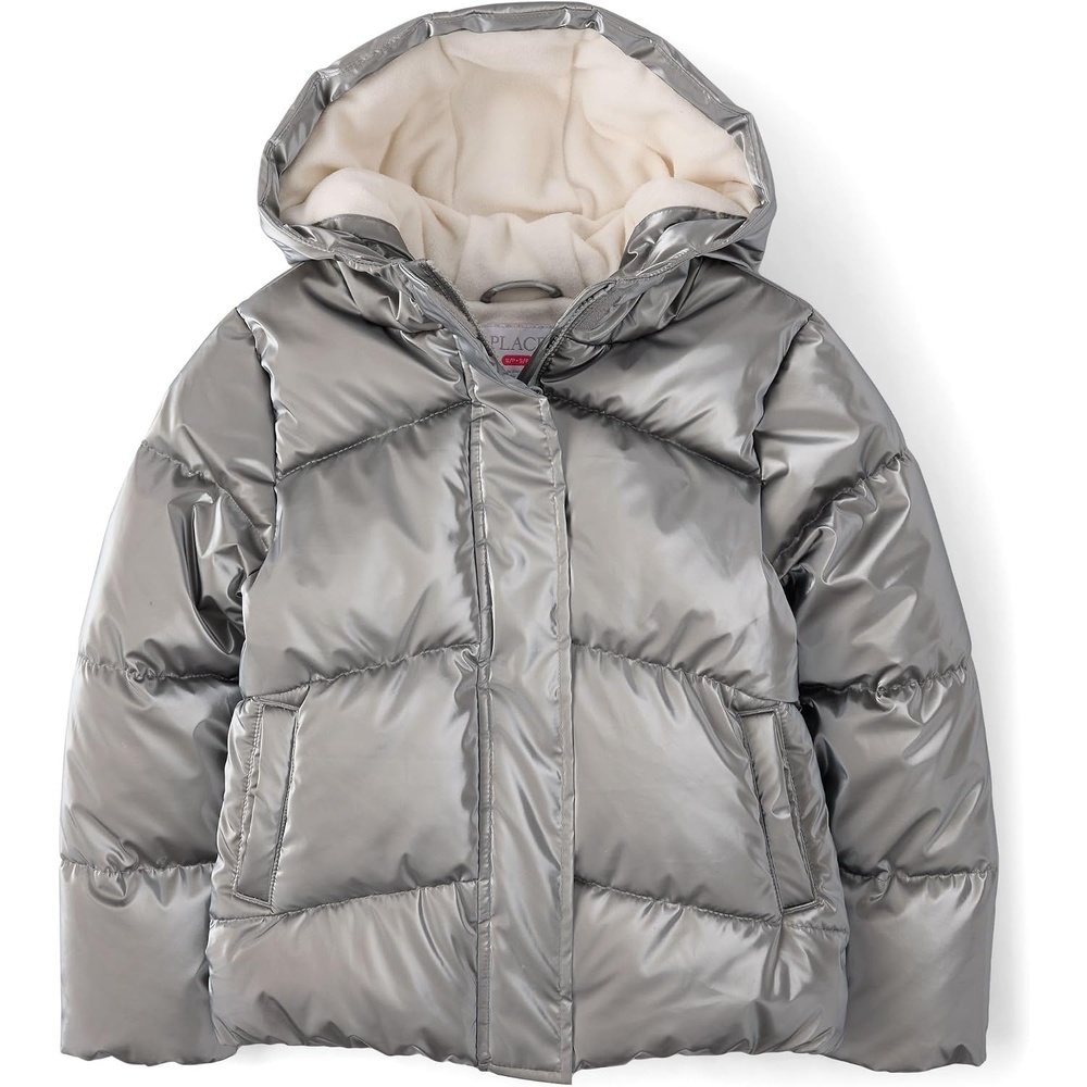 image:imageThe Childrens Place Girls Water and Wind Resistant Hooded Zip Front Puffer Jacket Microfleece LinedMetallic Silver
