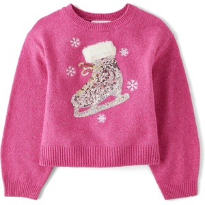 The Children’s Place Girls’ Long Sleeve Crew Neck Pullover Sequin Sweater(Pink Ice Skate)