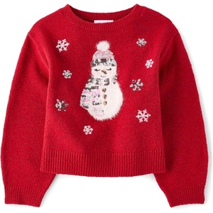 The Children’s Place Girls’ Long Sleeve Crew Neck Pullover Sequin Sweater(Red Snowman)