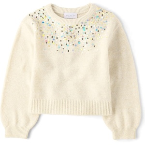 The Children’s Place Girls’ Long Sleeve Crew Neck Pullover Sequin Sweater(White Sequin)