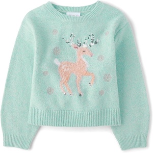 The Children’s Place Girls’ Long Sleeve Crew Neck Pullover Sequin Sweater(Wintermint Reindeer)