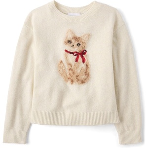 The Children’s Place Girls’ Long Sleeve Crew Neck Pullover Sweater(Ivory Kitten)
