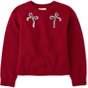 The Children’s Place Girls’ Long Sleeve Crew Neck Pullover Sweater(Red Ochre Bows)