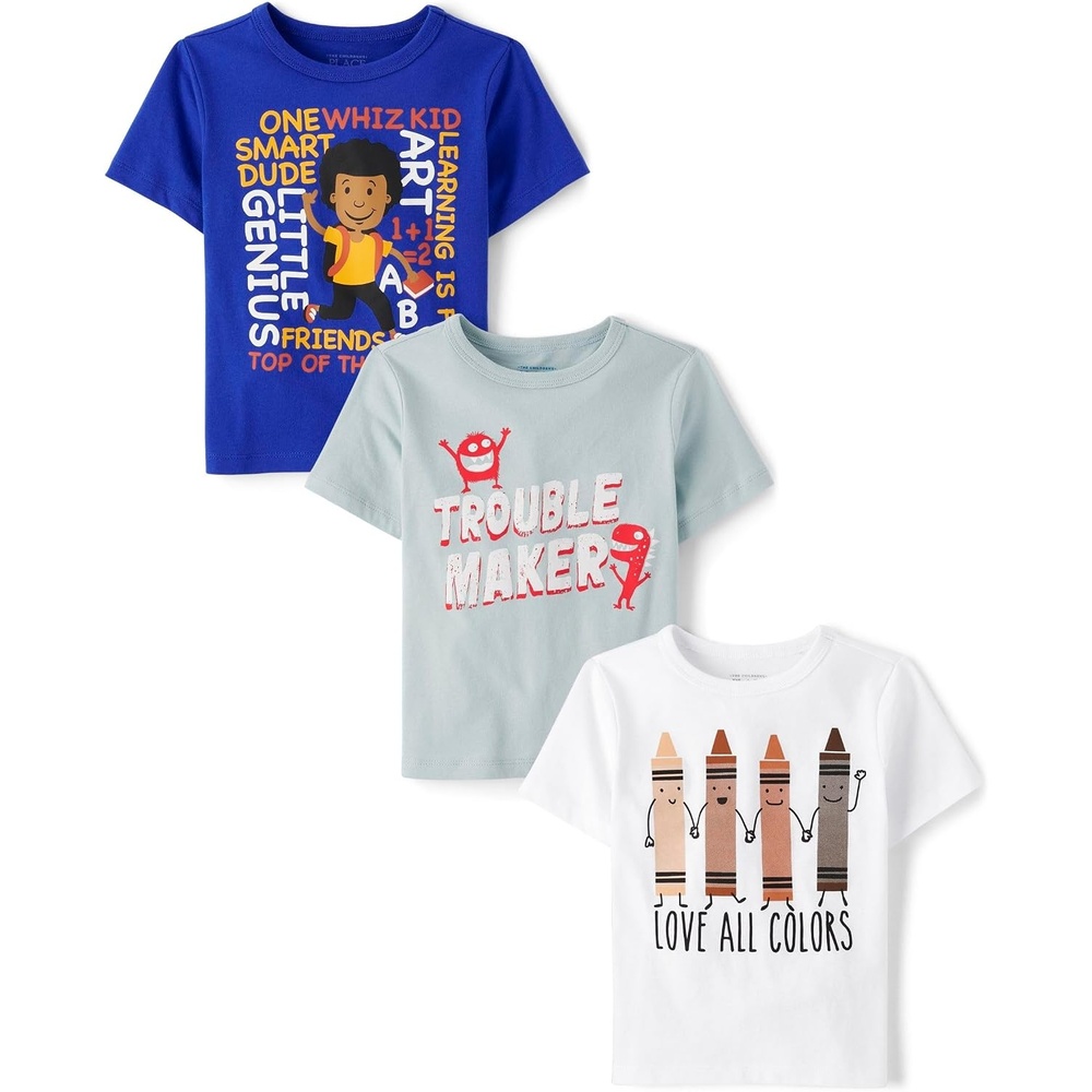 image:imageThe Childrens Place Baby Boys and Toddler DinoAnimalsSharks Short Sleeve Graphic TShirts3 PackLove All ColorsTroublemakerGenius