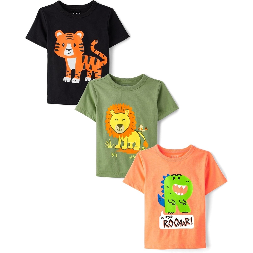 image:imageThe Childrens Place Baby Boys and Toddler DinoAnimalsSharks Short Sleeve Graphic TShirts3 PackRoarTigerLion