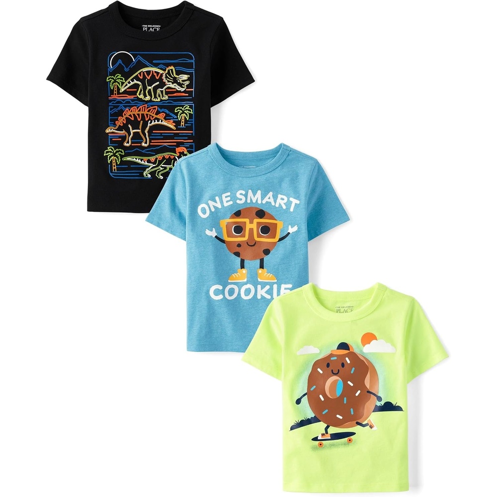 image:imageThe Childrens Place Baby Boys and Toddler DinoAnimalsSharks Short Sleeve Graphic TShirts3 PackSmart CookieDonutDinos