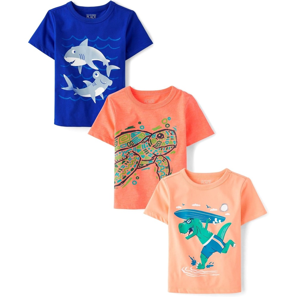 image:imageThe Childrens Place Baby Boys and Toddler DinoAnimalsSharks Short Sleeve Graphic TShirts3 PackTurtleSharksDino