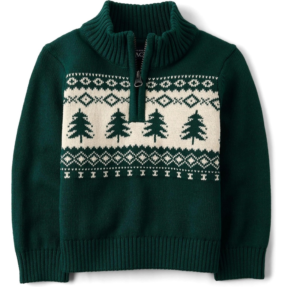 image:imageThe Childrens Place Baby Boys and Toddler Long Sleeve Quarter Zip Pullover SweaterGreen Fairisle