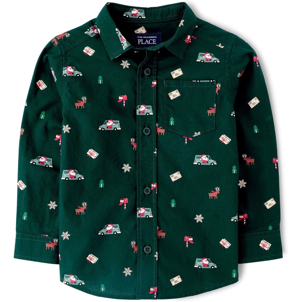 image:imageThe Childrens Place Baby Boys and Toddler Poplin Long Sleeve Button Down ShirtHoliday Green