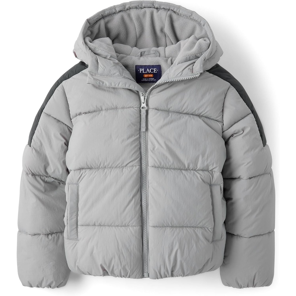 image:imageThe Childrens Place Boys Water and Wind Resistant Hooded Zip Front Puffer Jacket Faux Fur LinedWeathered Steel
