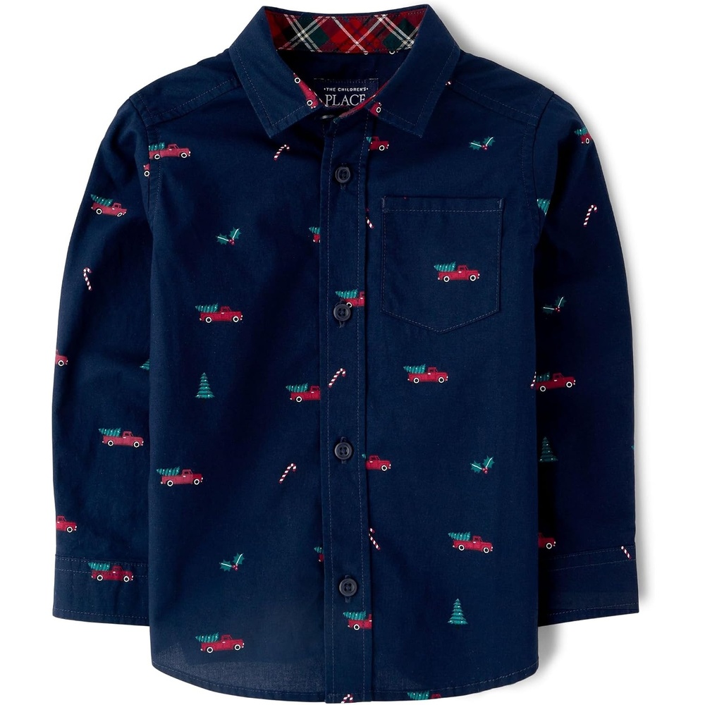 image:imageThe Childrens PlaceBaby Boysand Toddler Poplin Long Sleeve Button Down ShirtFestive Trucks18 Months24 Months