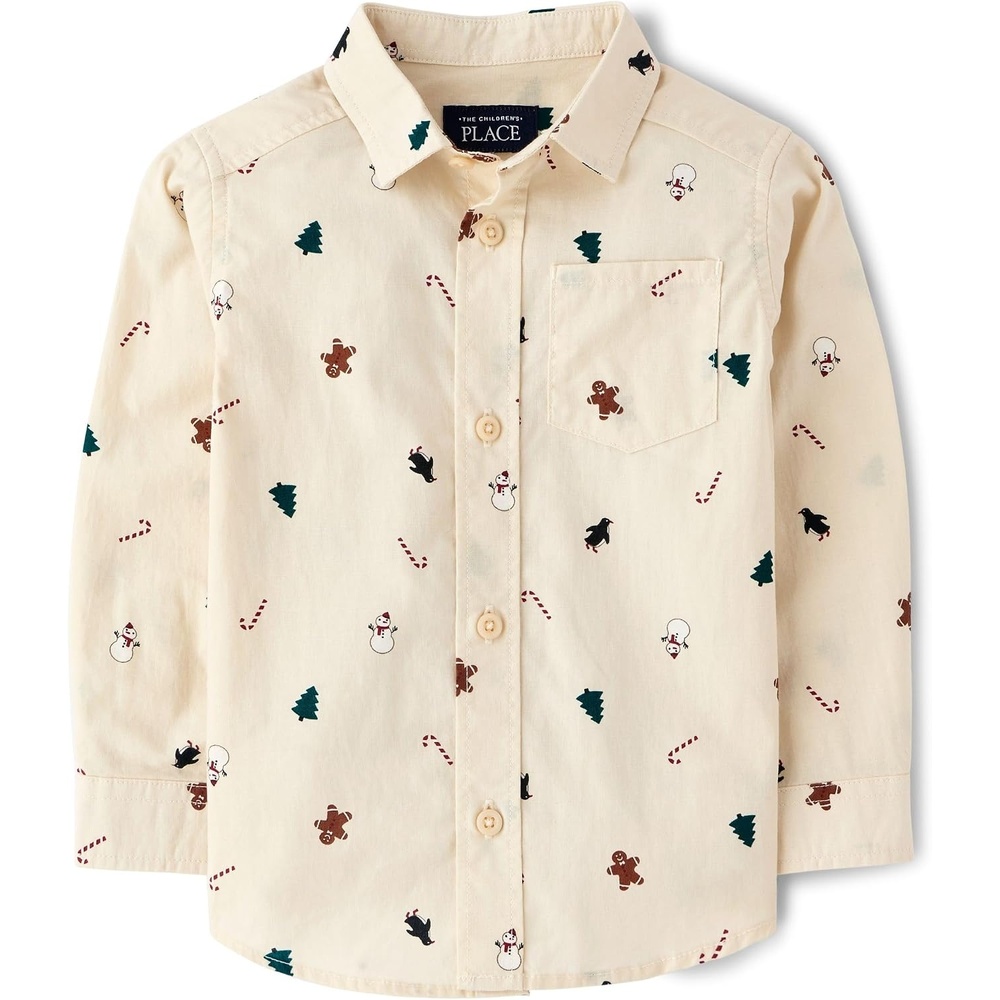 image:imageThe Childrens PlaceBaby Boysand Toddler Poplin Long Sleeve Button Down ShirtOff White Festive9 Months12 Months
