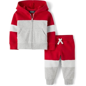 The Children’s Place Baby Boys’ And Toddler Sweatshirt and Sweatpant 2 Piece Outfit(Red Colorblock Hooded)