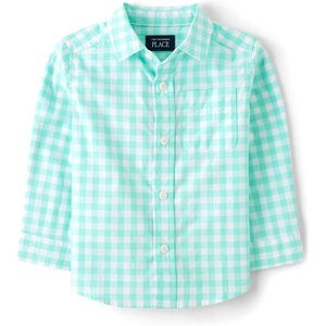 The Children’s Place Baby Boys’ and Toddler Poplin Long Sleeve Button Down Shirt(Aqua Gingham)
