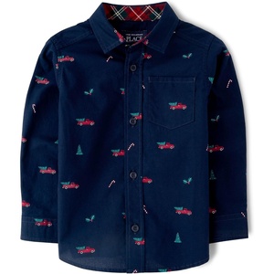 The Children’s Place Baby Boys’ and Toddler Poplin Long Sleeve Button Down Shirt(Festive Trucks)