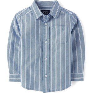 The Children’s Place Baby Boys’ and Toddler Poplin Long Sleeve Button Down Shirt(Huron Blue Stripe)