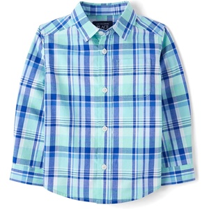 The Children’s Place Baby Boys’ and Toddler Poplin Long Sleeve Button Down Shirt(Mellow Aqua Plaid)