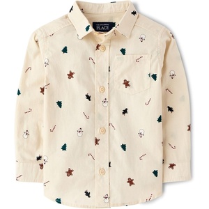 The Children’s Place Baby Boys’ and Toddler Poplin Long Sleeve Button Down Shirt(Off White Festive)