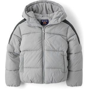The Children’s Place Boys’ Water and Wind Resistant Hooded Zip Front Puffer Jacket, Faux Fur Lined(Weathered Steel)