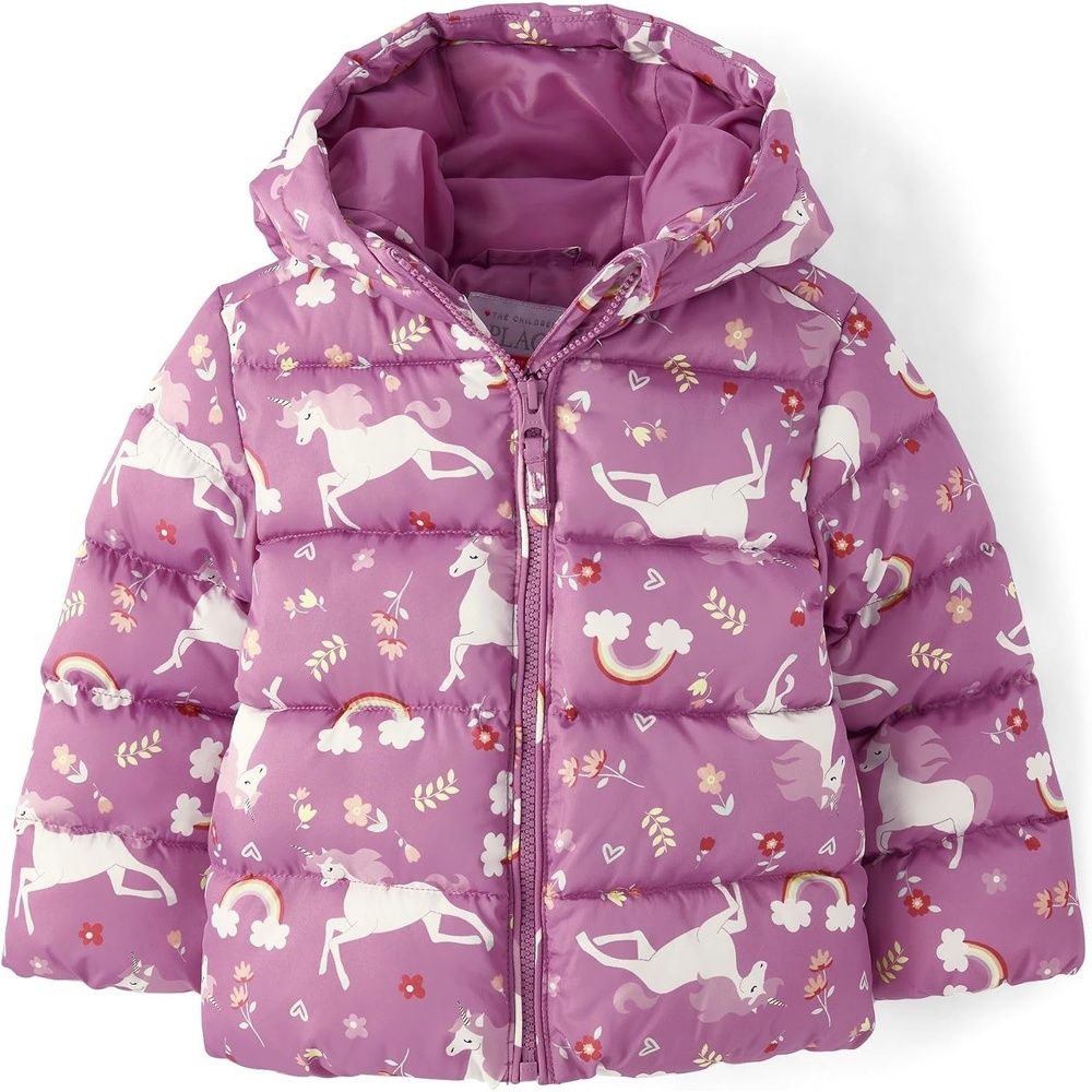 image:imageThe Childrens Place Baby Girls and Toddler Girls Medium Weight WindResistant WaterResistant Puffer JacketDusty Rose Unicorns